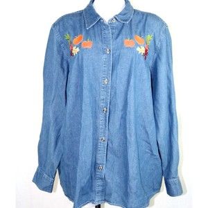 Cherokee Womens 24W Denim Shirt Fall Pumpkin Embroidered Thanksgiving VTG 90s